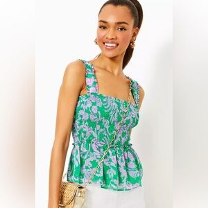 Lilly Pulitzer Green & Purple Smocked Peplum Top Size XS NWT